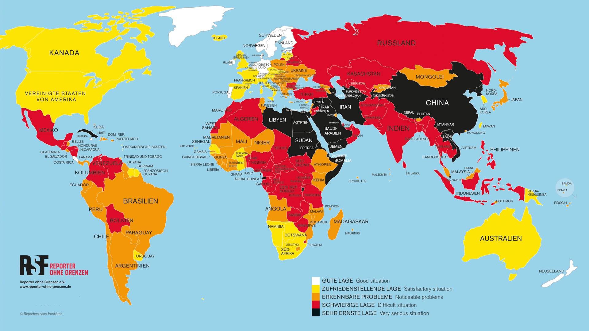 Auf der „Weltkarte der Pressefreiheit“ sind Länder (darunter Saudi-Arabien), in denen den Lage der Pressefreiheit als „sehr ernst“ eingestuft wird, mit der Farbe Schwarz gekennzeichnet
