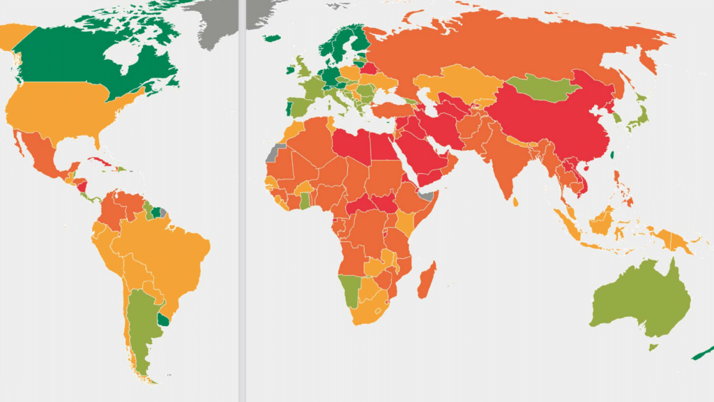Auf der Weltkarte sind die Länder farblich markiert. In den „grünen" Ländern ist die Situation am besten. (Bild: Brot für die Welt)