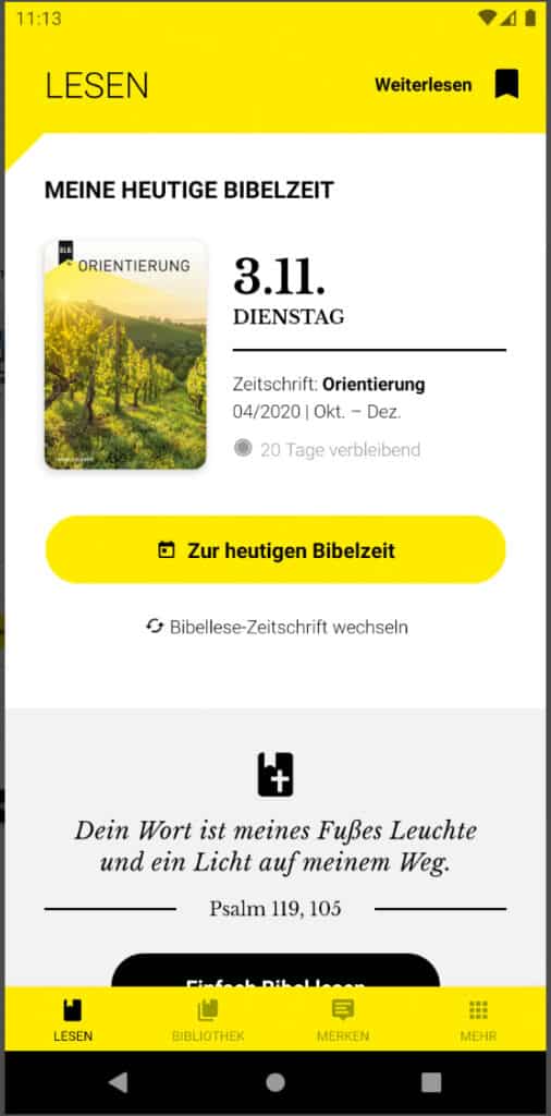 Screenshot der christlichen App „Bibelzeit“