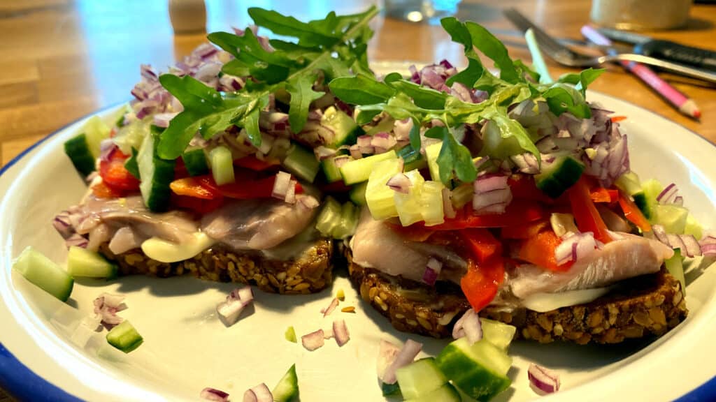 Brot mit Matjes, Rucola, Zwiebeln, Salatgurke, Paprika