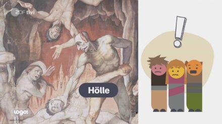 Ein Ausschnitt aus dem „logo“-Beitrag vom 19. März 2026: Rechts stehen verängstigte Strichmännchen, daneben ist eine Höllenszene und das Bild „Hölle“