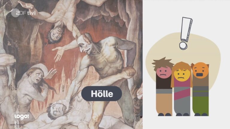 Ein Ausschnitt aus dem „logo“-Beitrag vom 19. März 2026: Rechts stehen verängstigte Strichmännchen, daneben ist eine Höllenszene und das Bild „Hölle“