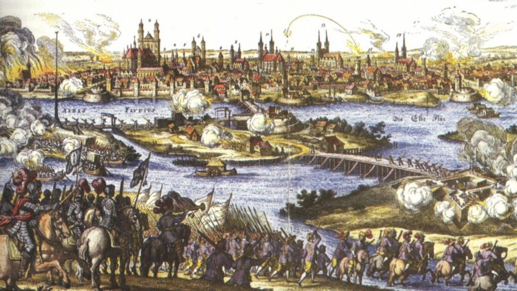 Zeichnung von der Zerstörung Magdeburgs 1631
